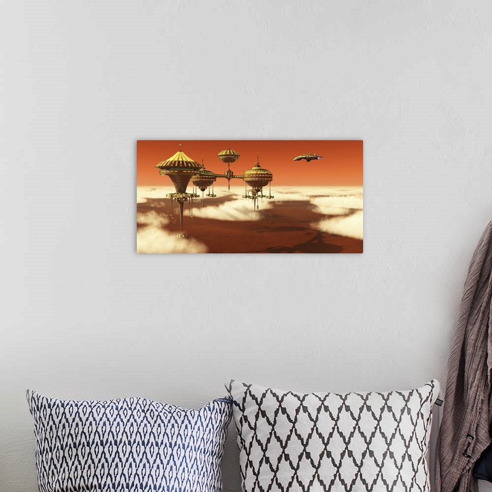 A bohemian room featuring A Mars planet colony in the upper atmosphere of the red planet.