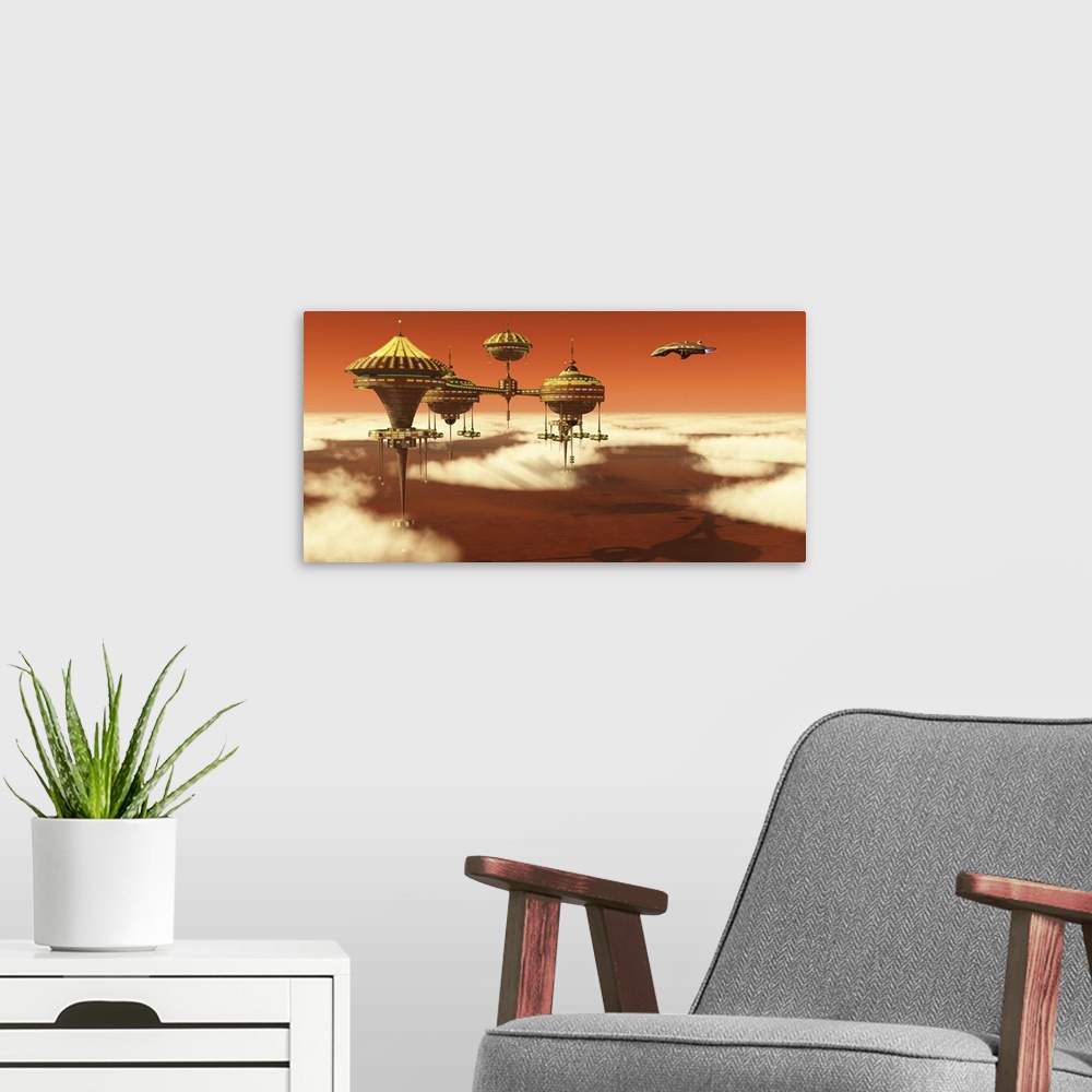 A modern room featuring A Mars planet colony in the upper atmosphere of the red planet.
