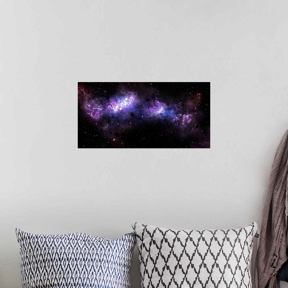 A bohemian room featuring Long horizontal canvas of a nebula in outer space with stars sprinkled throughout.