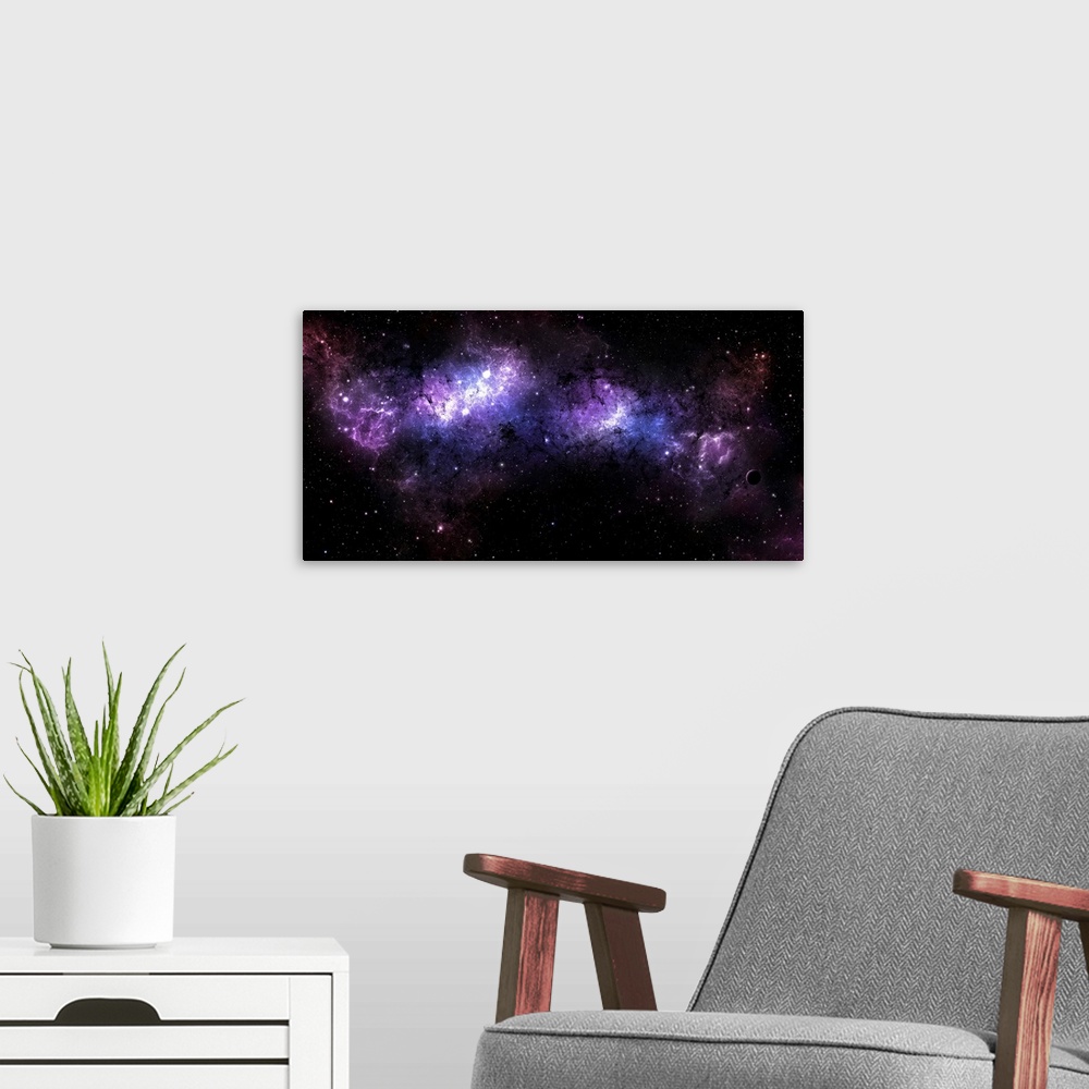 A modern room featuring Long horizontal canvas of a nebula in outer space with stars sprinkled throughout.