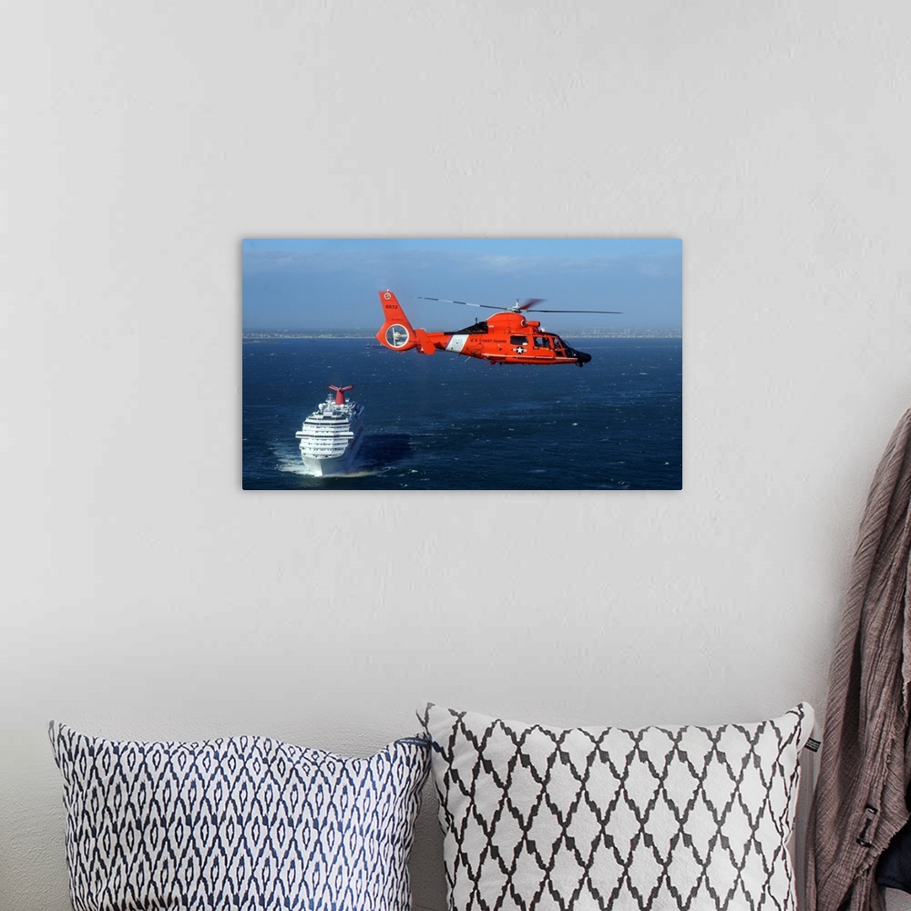 A bohemian room featuring A MH-65C Dolphin helicopter off the coast of San Pedro, California.