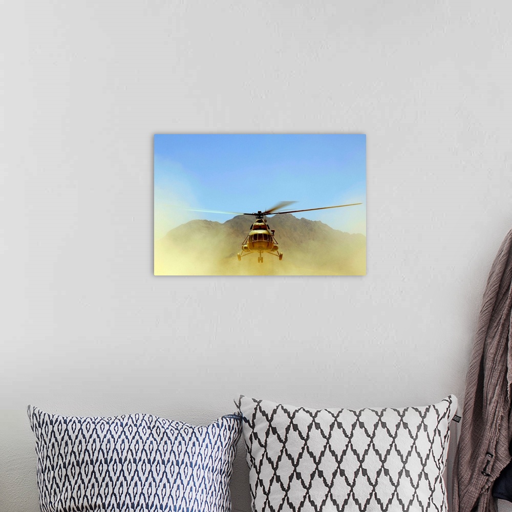 A bohemian room featuring A Mi17 Hip helicopter hovers over a firing range in Afghanistan
