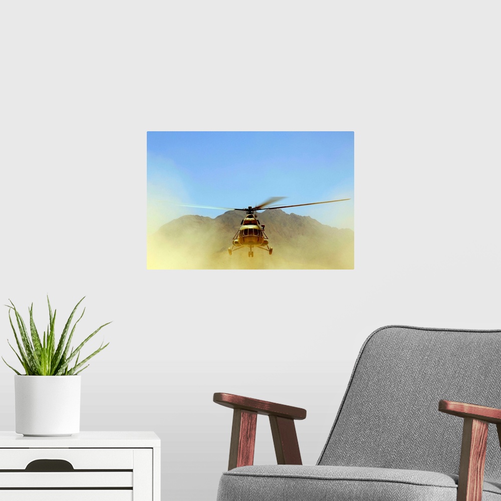 A modern room featuring A Mi17 Hip helicopter hovers over a firing range in Afghanistan