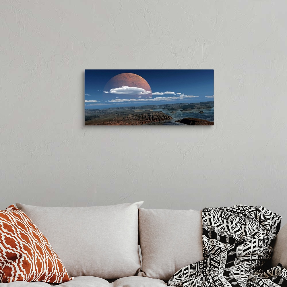 A bohemian room featuring Alterered photograph of a large glowing moon rising above water filled canyons.