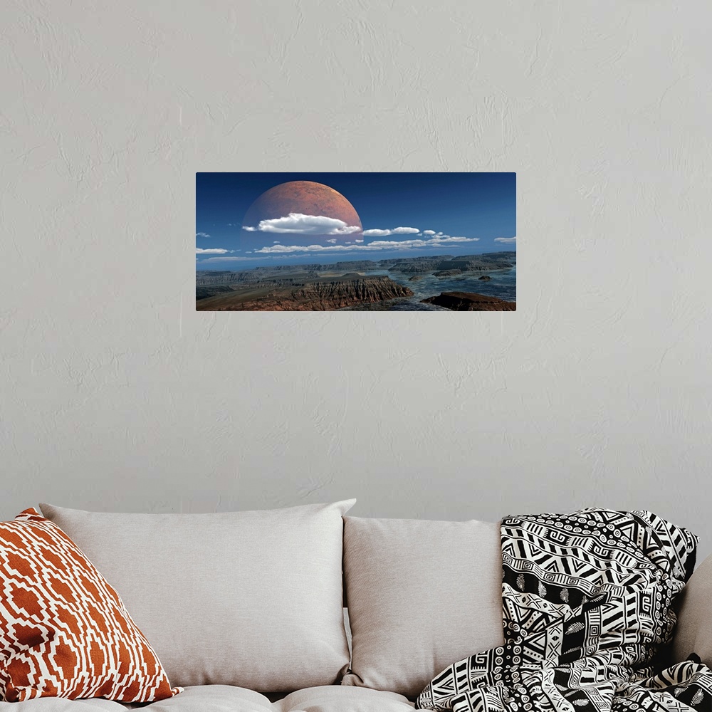 A bohemian room featuring Alterered photograph of a large glowing moon rising above water filled canyons.