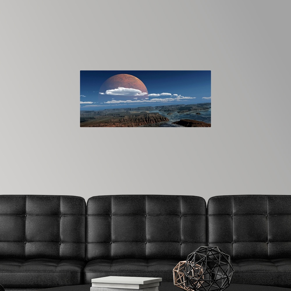 A modern room featuring Alterered photograph of a large glowing moon rising above water filled canyons.
