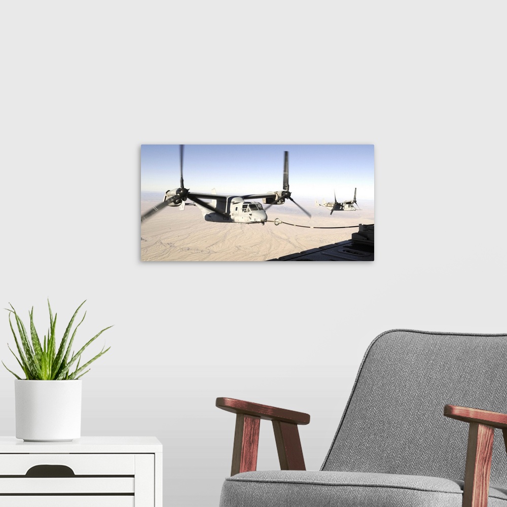 A modern room featuring A MV22 Osprey refuels midflight while another waits its turn