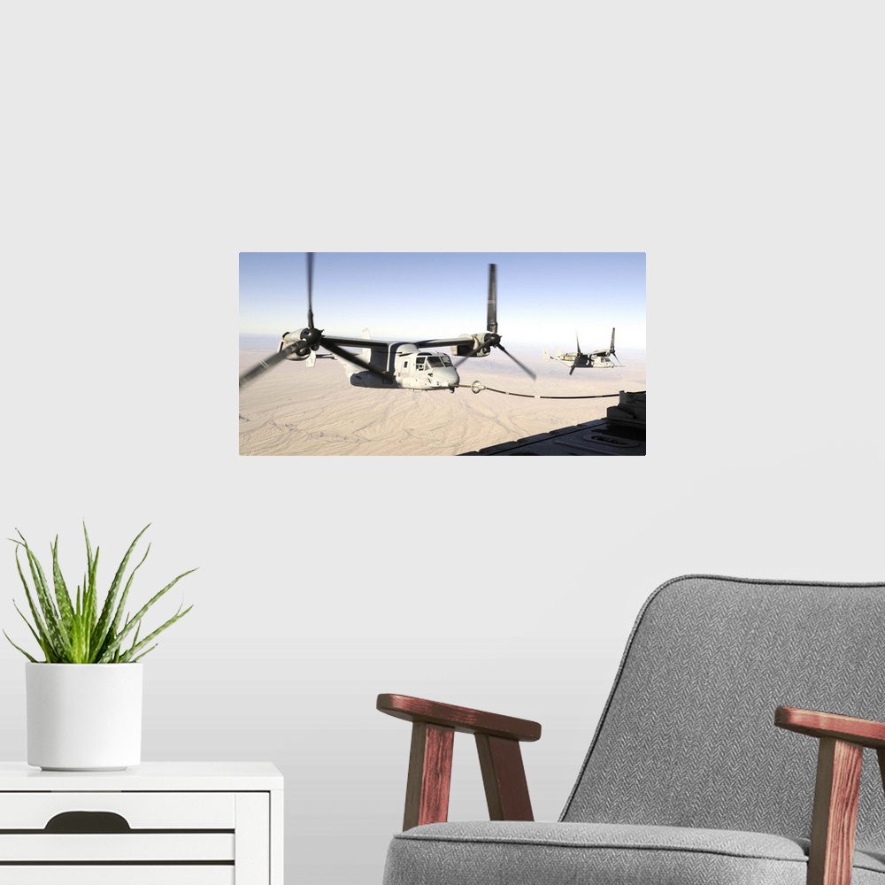 A modern room featuring A MV22 Osprey refuels midflight while another waits its turn