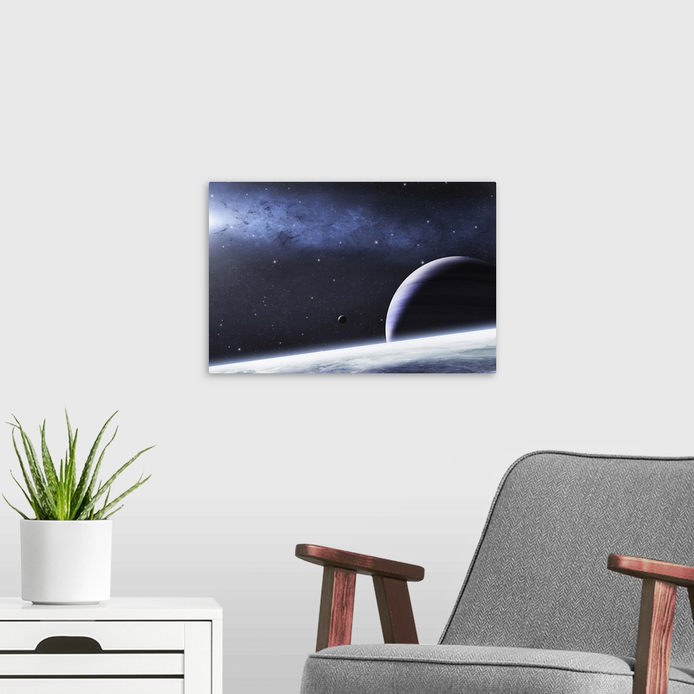 A modern room featuring A mysterious light illuminates a small nebula and nearby planets.
