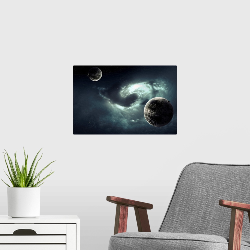 A modern room featuring Artist's concept of a nearby nebula forming deadly vortex which will destroy all neighboring sola...