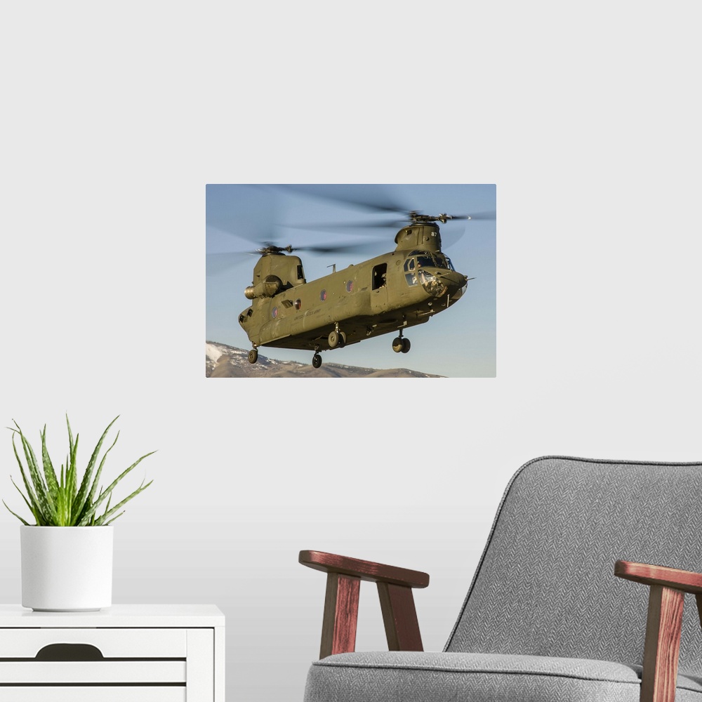 A modern room featuring A Nevada National Guard CH-47 Chinook helicopter takes off from Reno, Nevada.