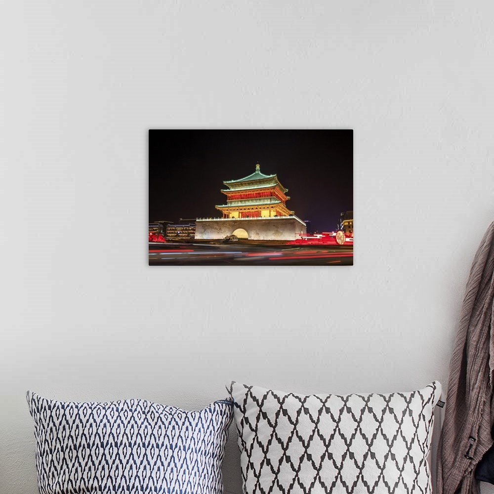 A bohemian room featuring A night view of Gulou tower in Xian, China.