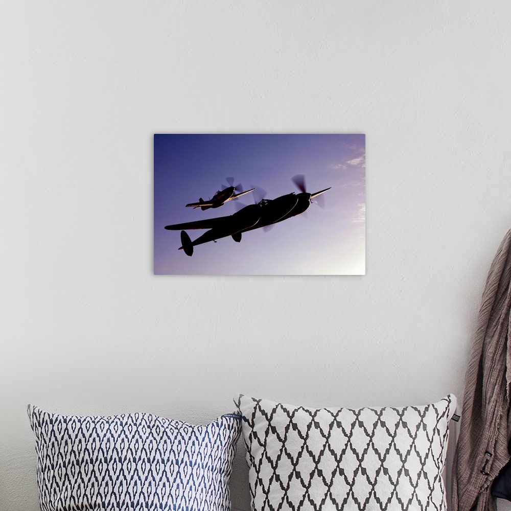 A bohemian room featuring A P-38 Lightning and P-51D Mustang in flight over Chino, California.