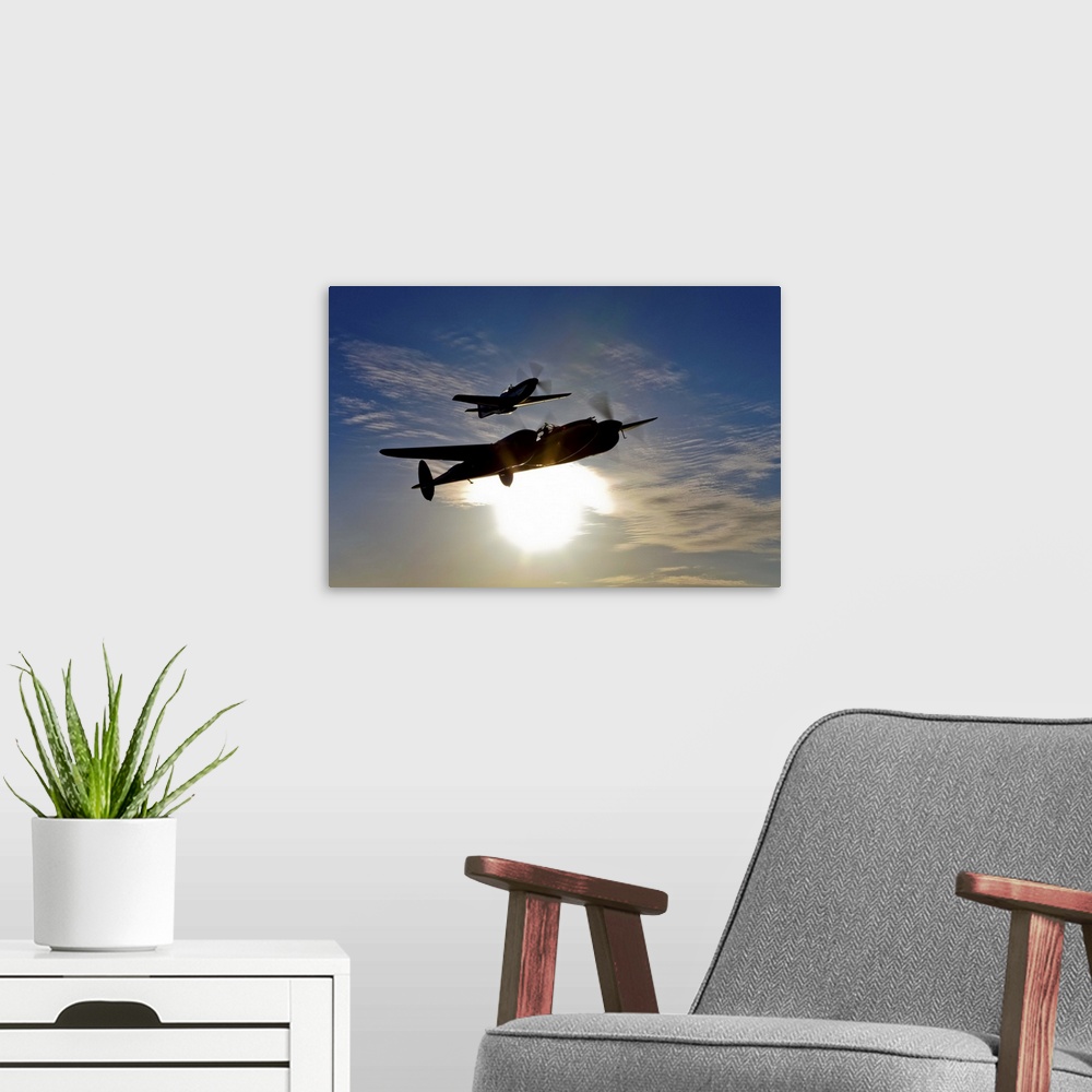A modern room featuring A P-38 Lightning and P-51D Mustang in flight over Chino, California.