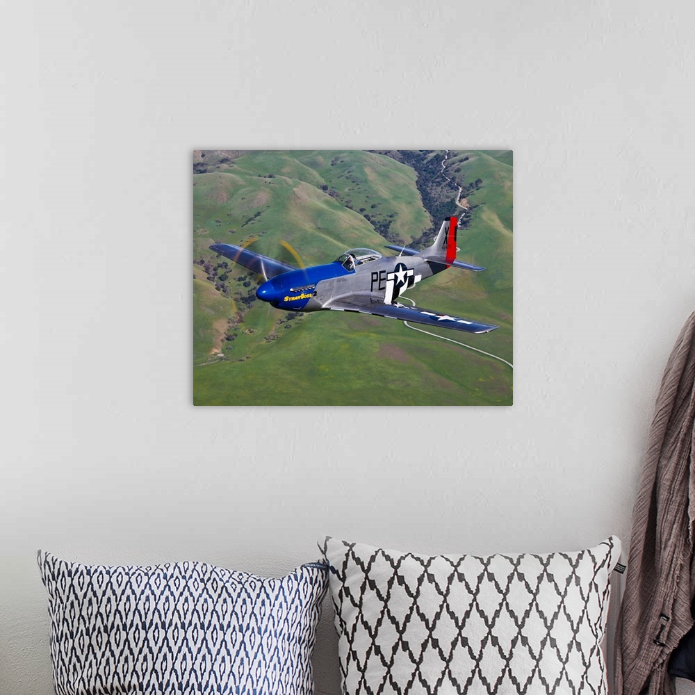 A bohemian room featuring A P-51D Mustang in flight over Hollister, California.