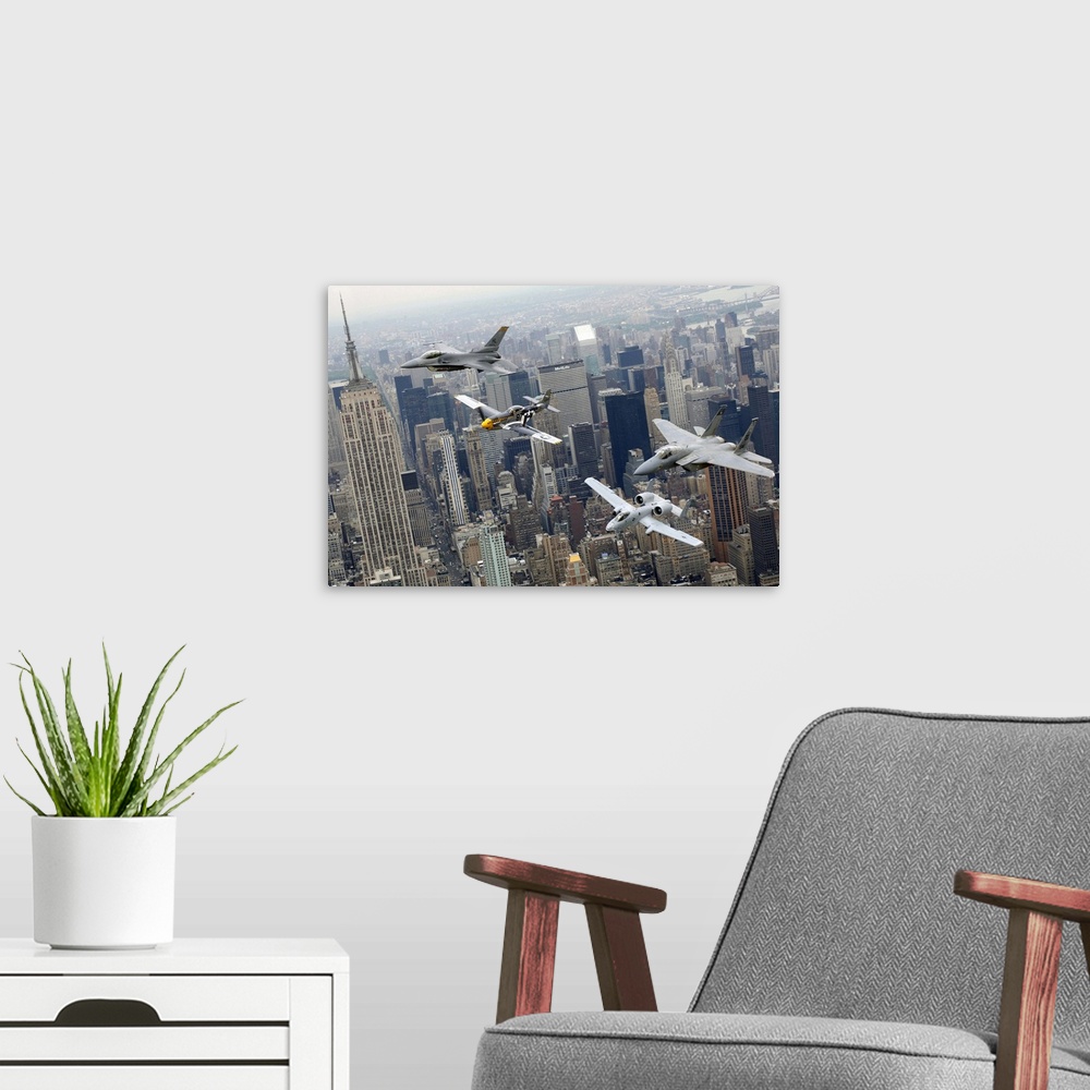 A modern room featuring Photograph of military jets flying over city buildings on a foggy day.