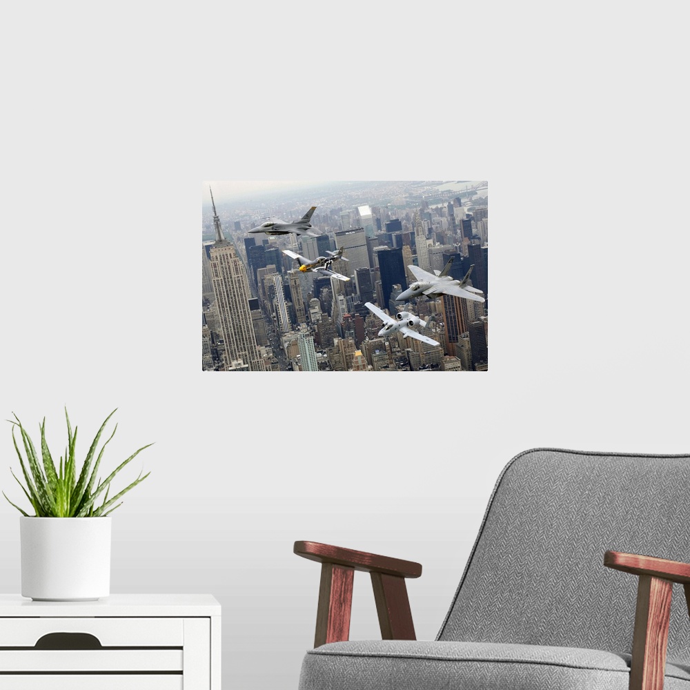 A modern room featuring Photograph of military jets flying over city buildings on a foggy day.