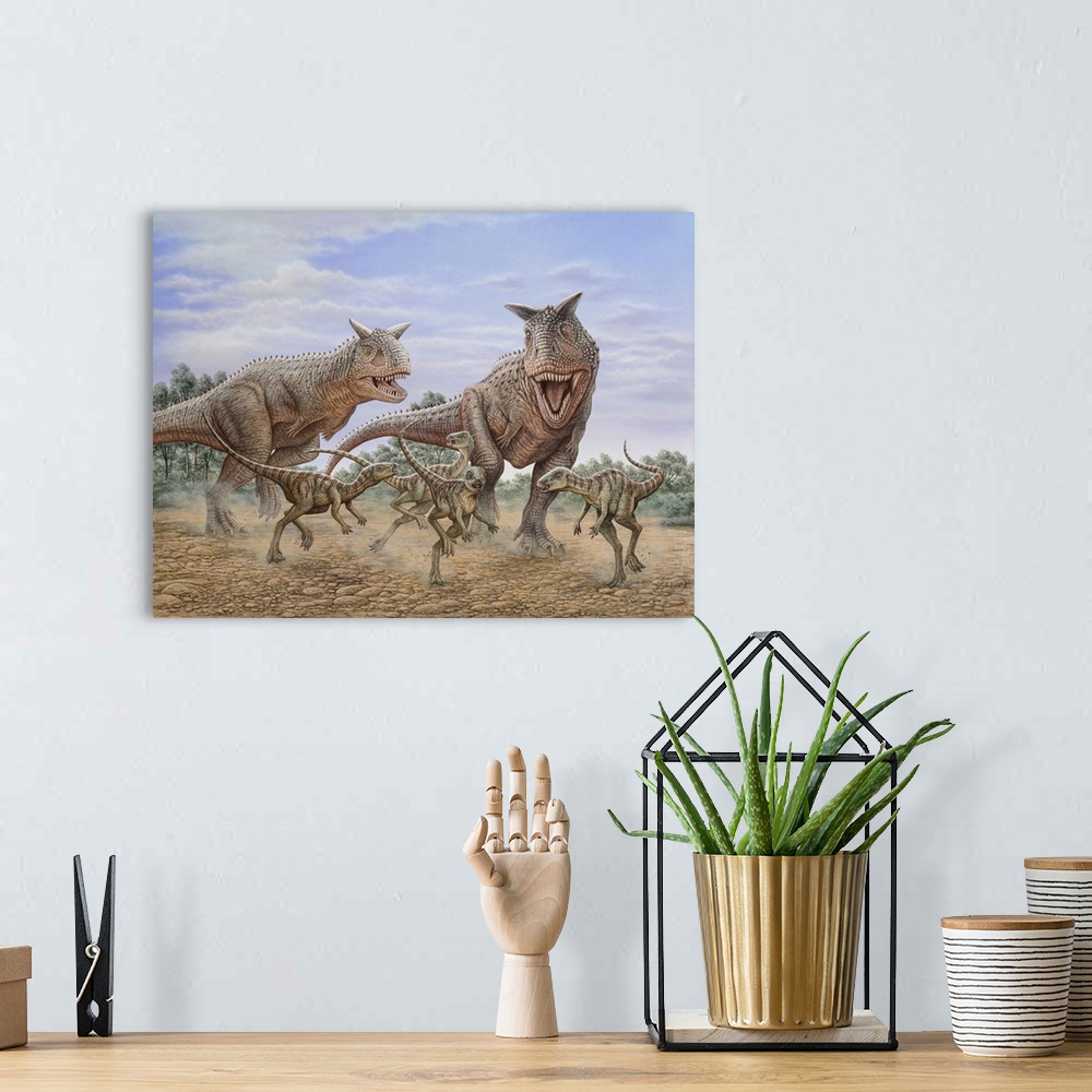 A bohemian room featuring A pair of Carnotaurus dinosaurs chasing a group of Gasparinisaura.