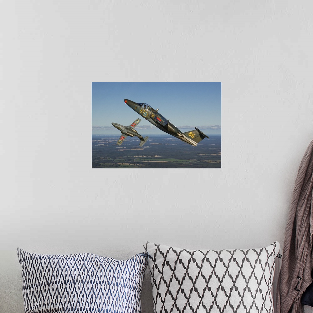 A bohemian room featuring A pair of Swedish Air Force Sk60 training jets on a formation flight from their homebase Linkopin...