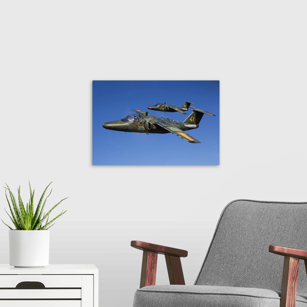A modern room featuring A pair of Swedish Air Force Sk60 training jets on a formation flight from their homebase Linkopin...