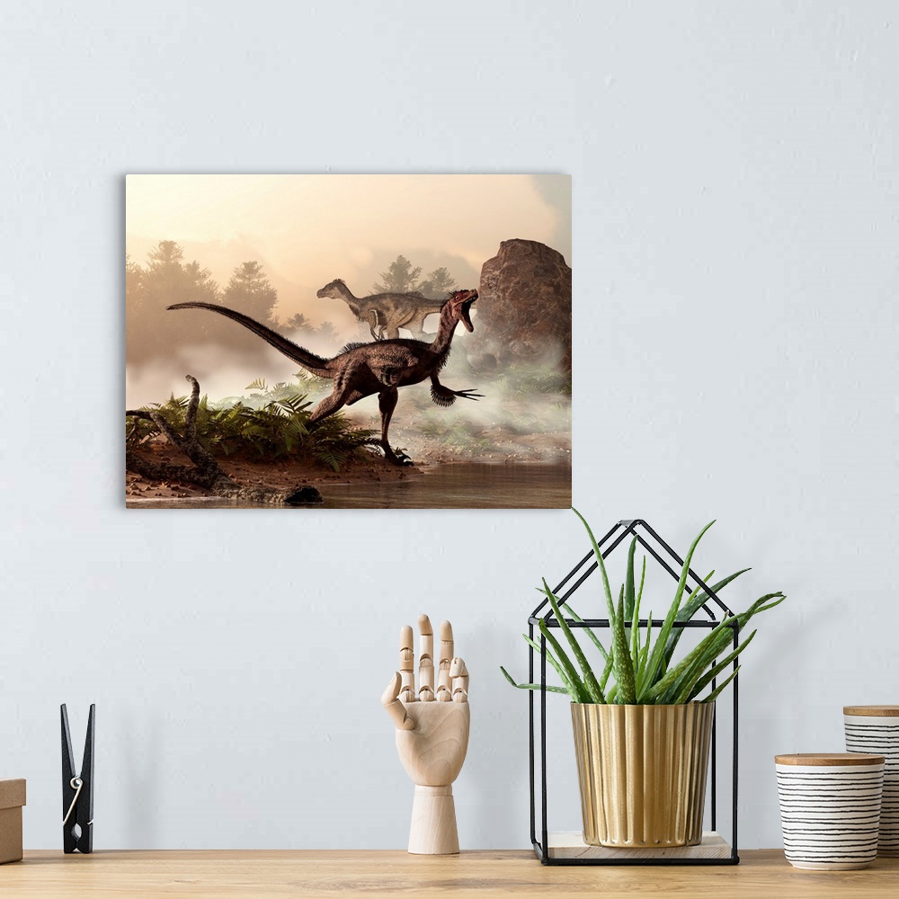 A bohemian room featuring A pair of velociraptors patrol the shore of an ancient lake looking for their next meal.