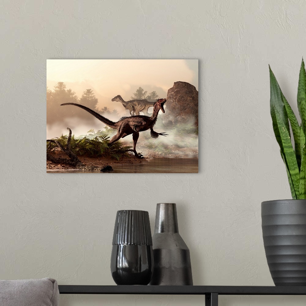 A modern room featuring A pair of velociraptors patrol the shore of an ancient lake looking for their next meal.