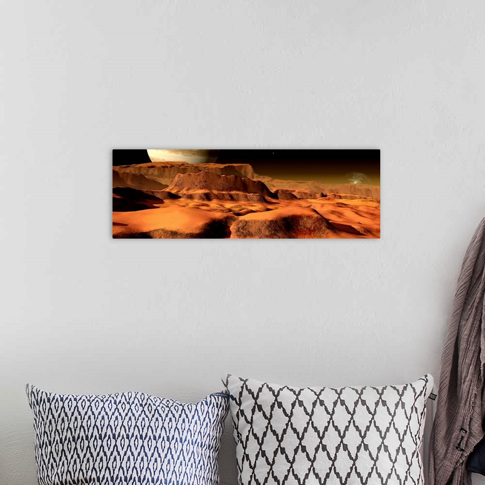 A bohemian room featuring A panorama of the strange, mesa-like mountains on Io.