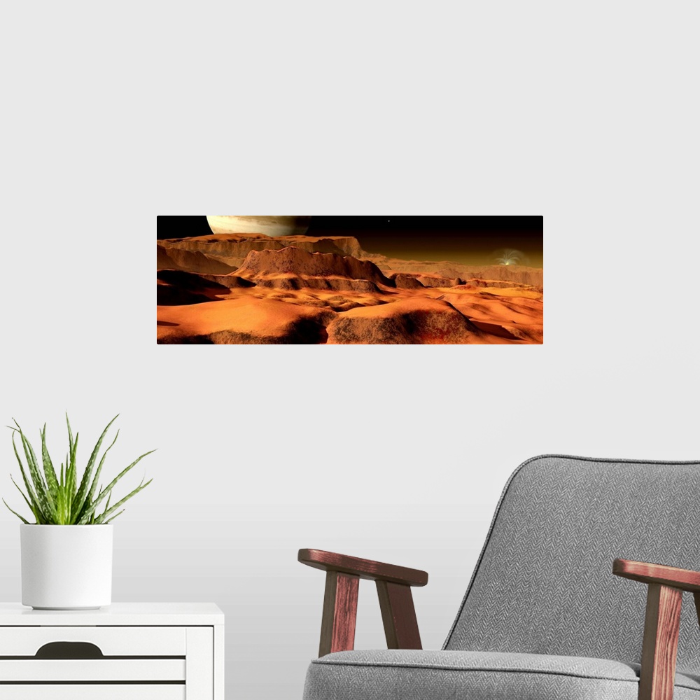 A modern room featuring A panorama of the strange, mesa-like mountains on Io.