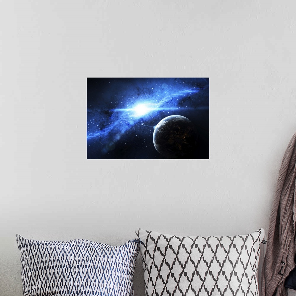 A bohemian room featuring A paradise world with a huge city looks out on a beautiful nebula.