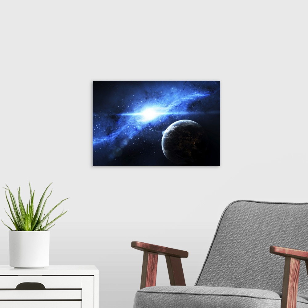 A modern room featuring A paradise world with a huge city looks out on a beautiful nebula.