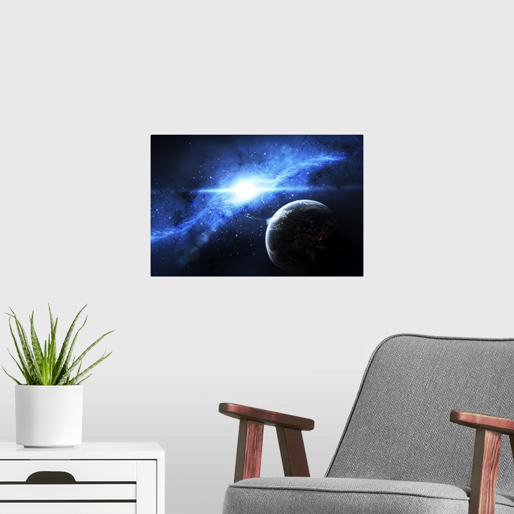 A modern room featuring A paradise world with a huge city looks out on a beautiful nebula.
