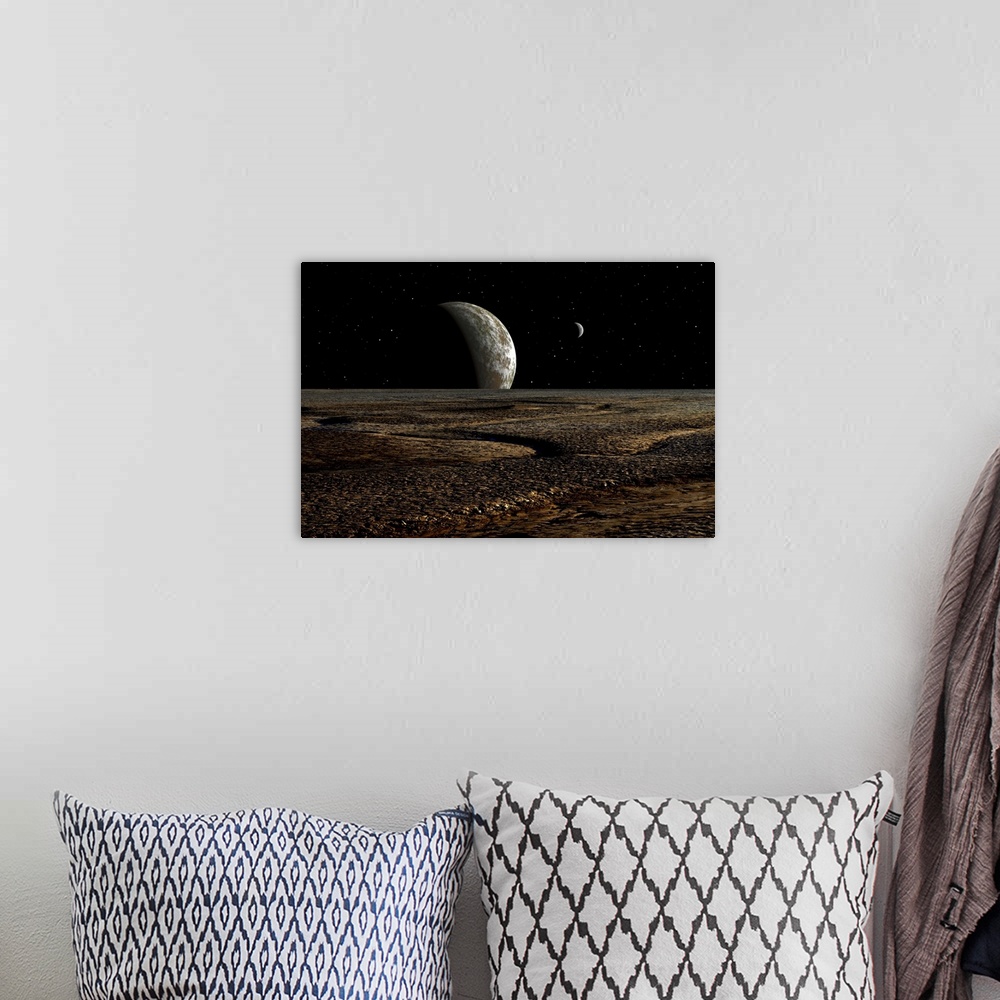 A bohemian room featuring A planet and its moon are dimly lit by a distant sun