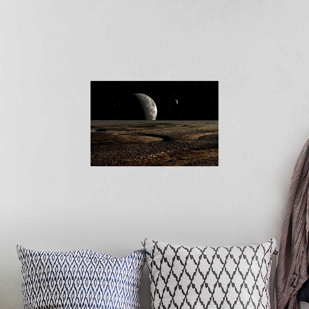 A bohemian room featuring A planet and its moon are dimly lit by a distant sun
