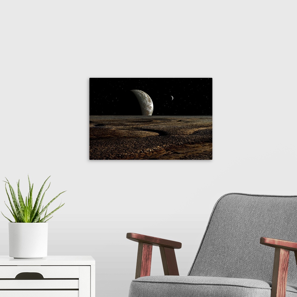 A modern room featuring A planet and its moon are dimly lit by a distant sun
