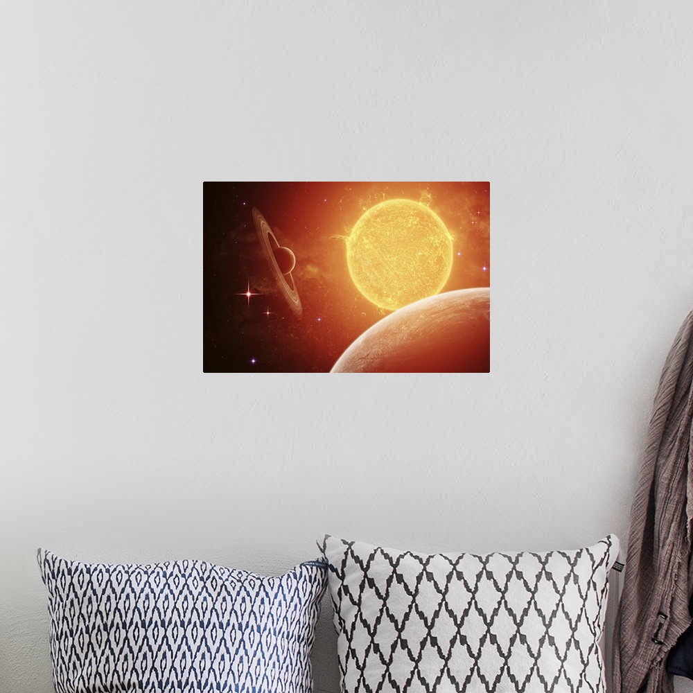 A bohemian room featuring A planet and its moon resisting the relentless heat of the giant orange sun Pollux. Every sun has...