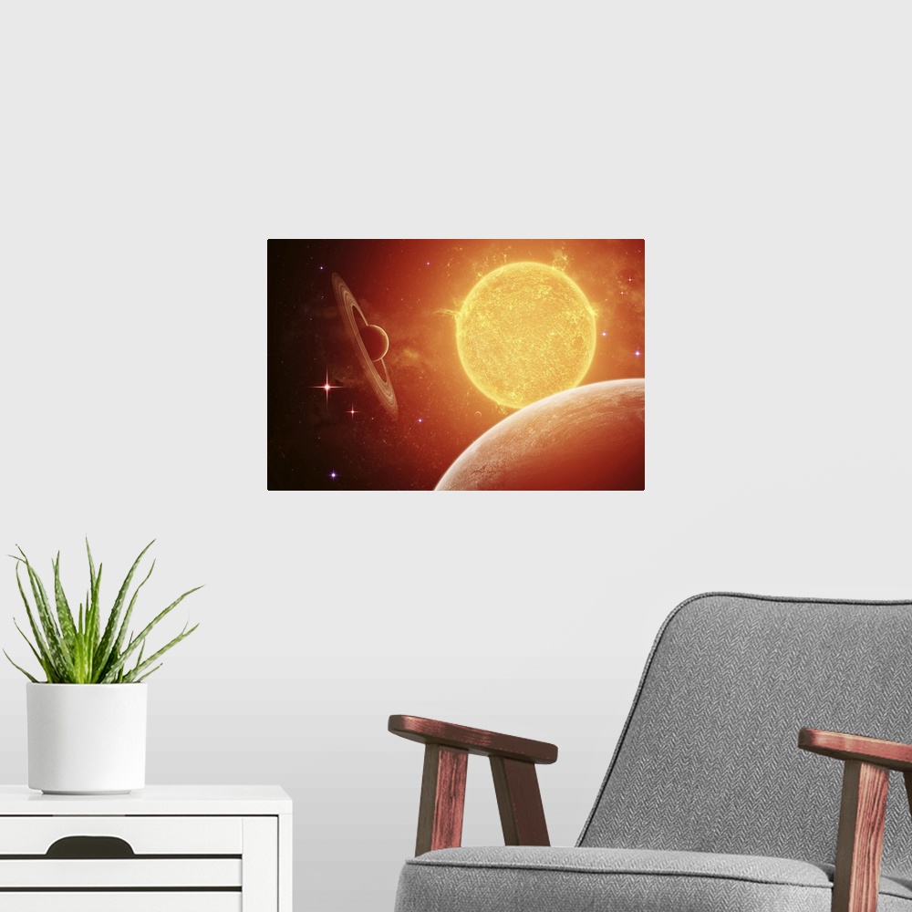 A modern room featuring A planet and its moon resisting the relentless heat of the giant orange sun Pollux. Every sun has...