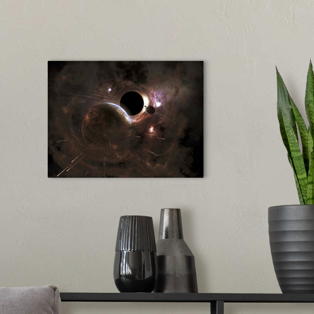 A modern room featuring A planet's population flees in panic as a massive black hole approaches to devastate and eradicat...