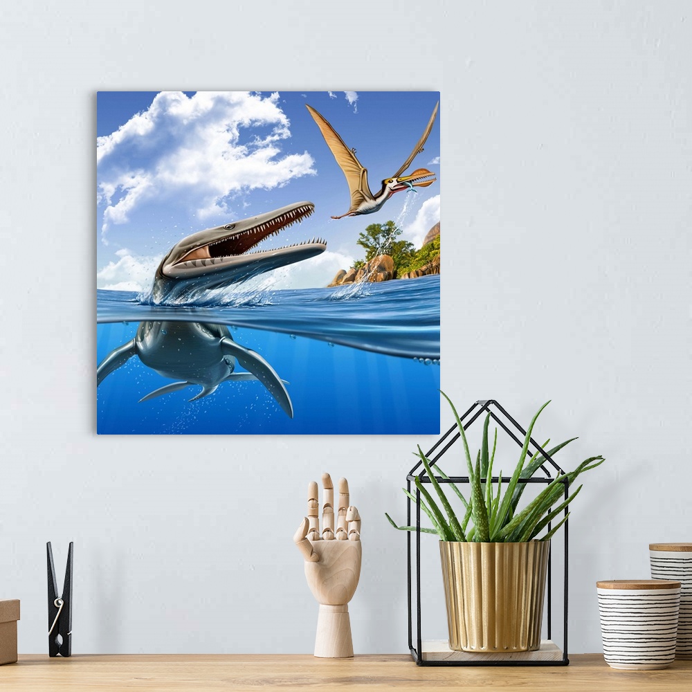 A bohemian room featuring A Plesiopleurodon jumps out of the water, attacking an Ornithocheirus.