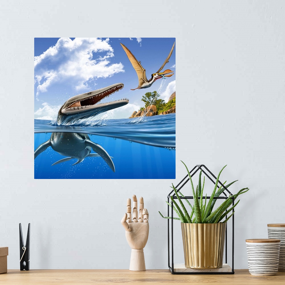 A bohemian room featuring A Plesiopleurodon jumps out of the water, attacking an Ornithocheirus.