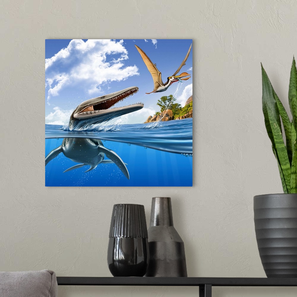 A modern room featuring A Plesiopleurodon jumps out of the water, attacking an Ornithocheirus.