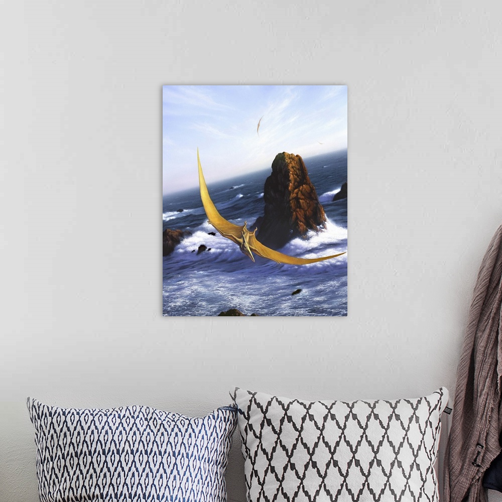 A bohemian room featuring A Pteranodon soars above the ocean and rocks.