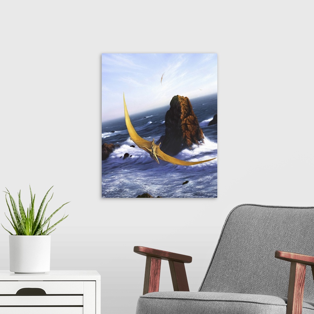 A modern room featuring A Pteranodon soars above the ocean and rocks.