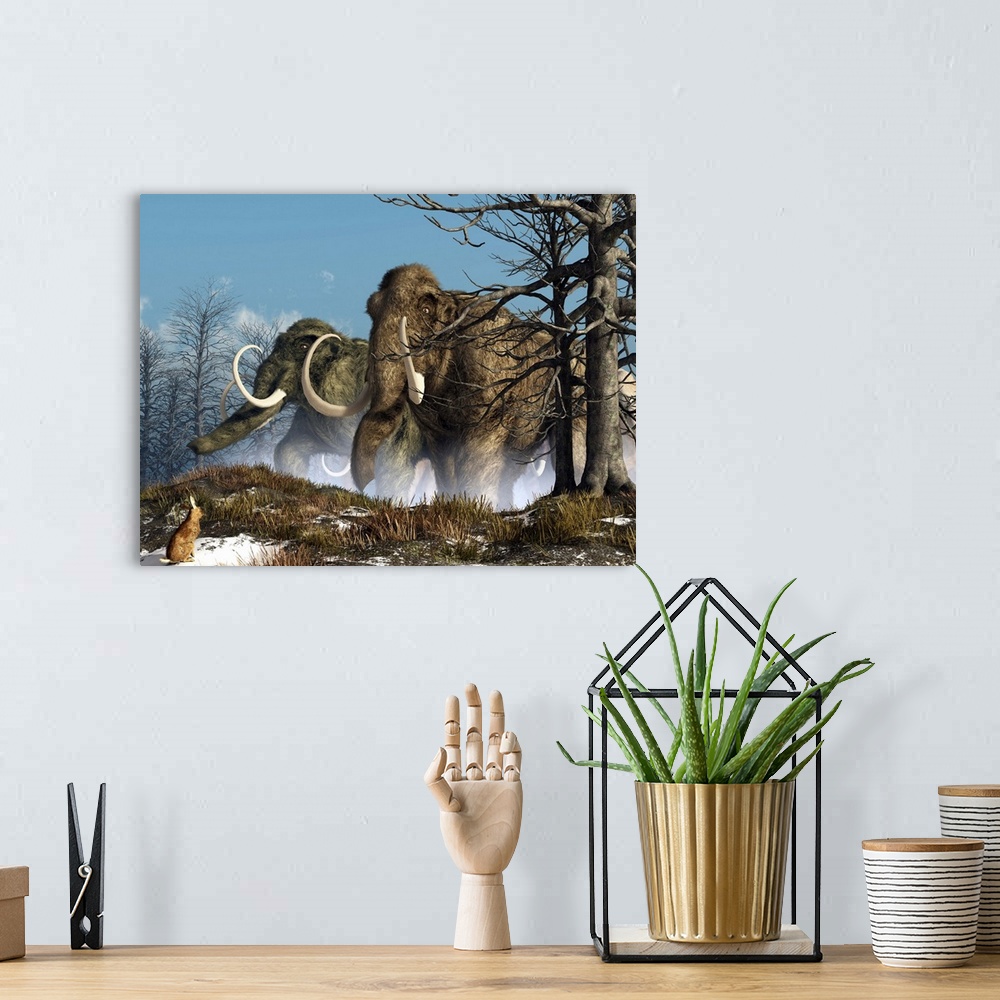 A bohemian room featuring A rabbit witnesses a herd of mammoths in a snowy forest.