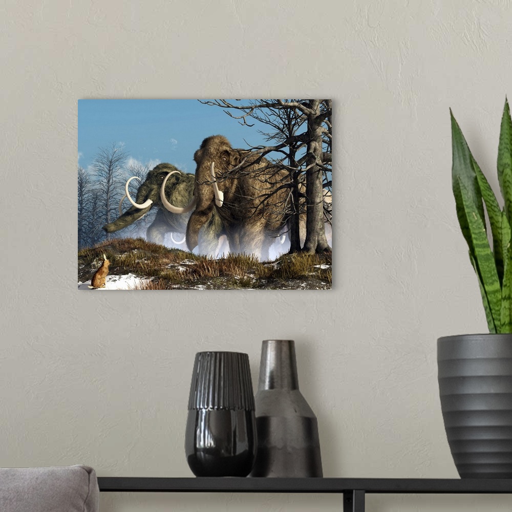 A modern room featuring A rabbit witnesses a herd of mammoths in a snowy forest.