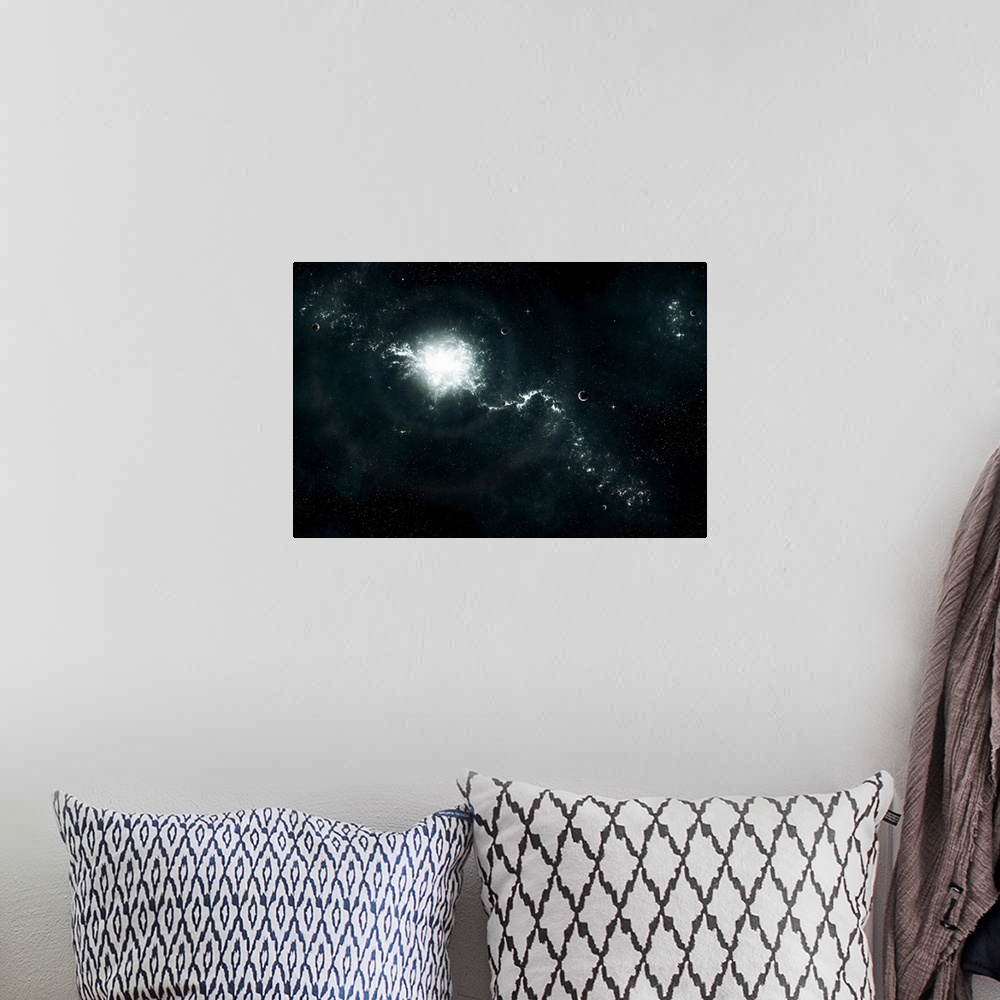 A bohemian room featuring Artist's concept of a recently discovered nebula with visible habitable planets.