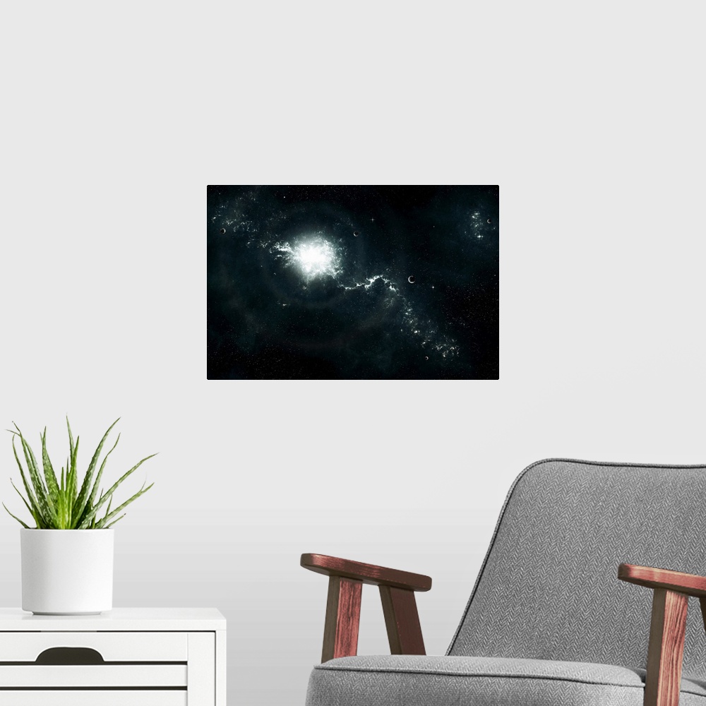 A modern room featuring Artist's concept of a recently discovered nebula with visible habitable planets.