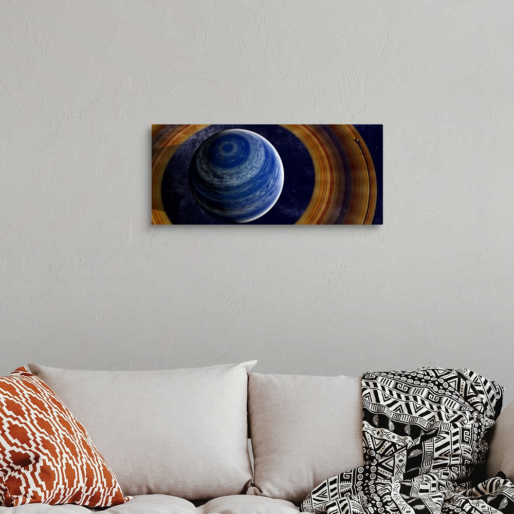 A bohemian room featuring A ringed blue gas giant with shepherd moon in the rings, against a starry background.