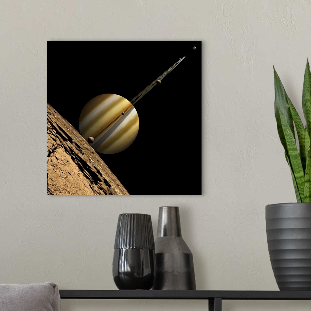 A modern room featuring An artist's depiction of a ringed gas giant planet with six moons.
