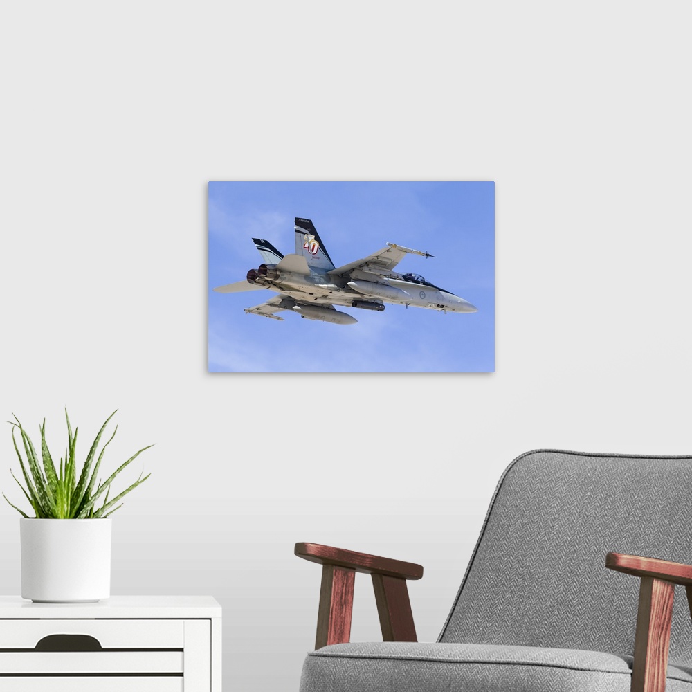 A modern room featuring A Royal Australian Air Force F/A-18A Hornet taking off.