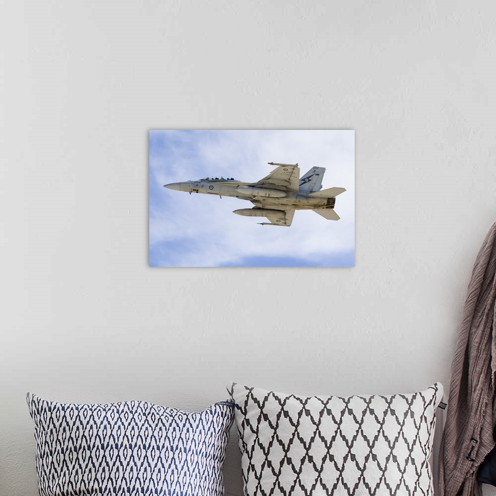 A bohemian room featuring A Royal Australian Air Force F/A-18F Super Hornet taking off.
